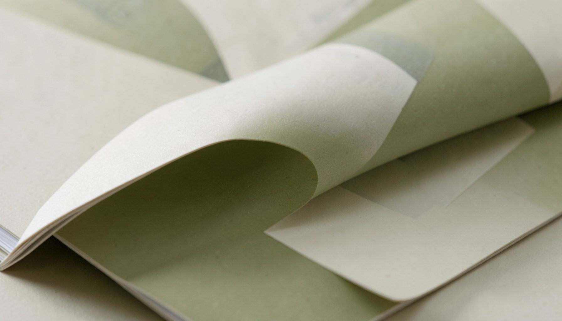 A close-up of a magazine page being turned, soft natural light on matte paper, muted olive and cream palette.