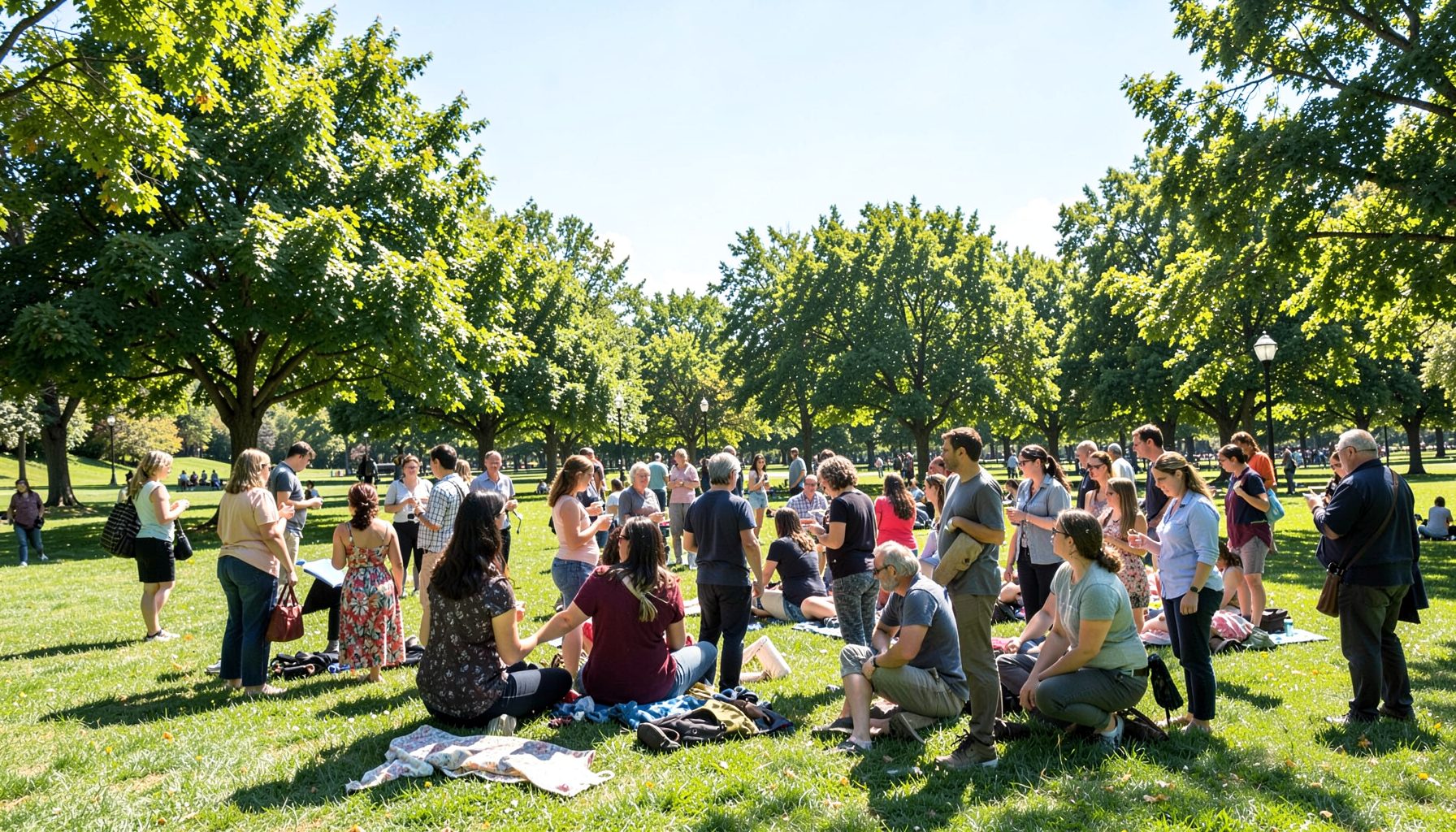 A community gathering in a sunlit park, people chatting in small groups, green trees and open sky, relaxed and inclusive atmosphere