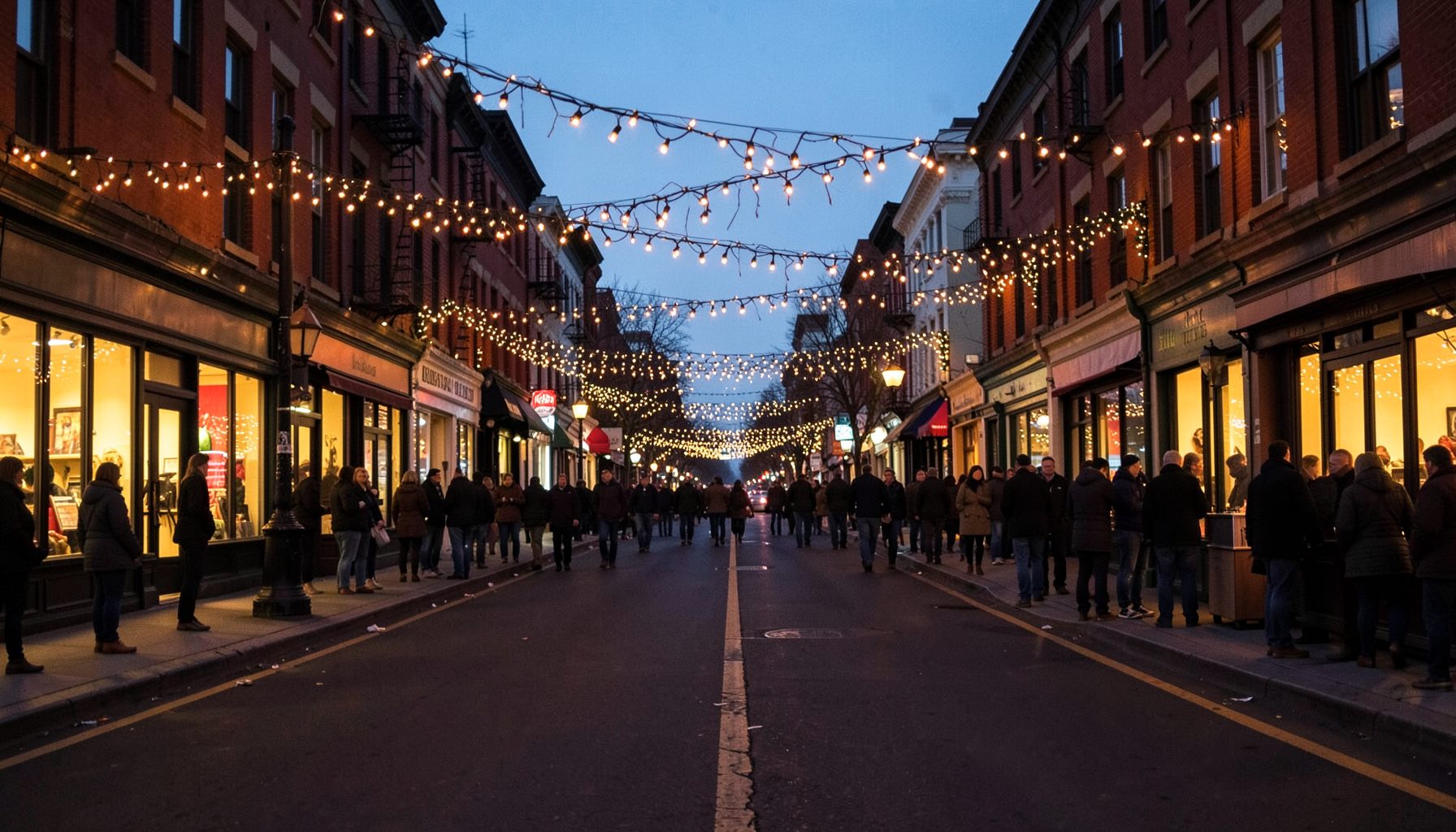 A festive downtown street at dusk with twinkling holiday lights strung across the road, warm amber glow reflecting off storefronts.