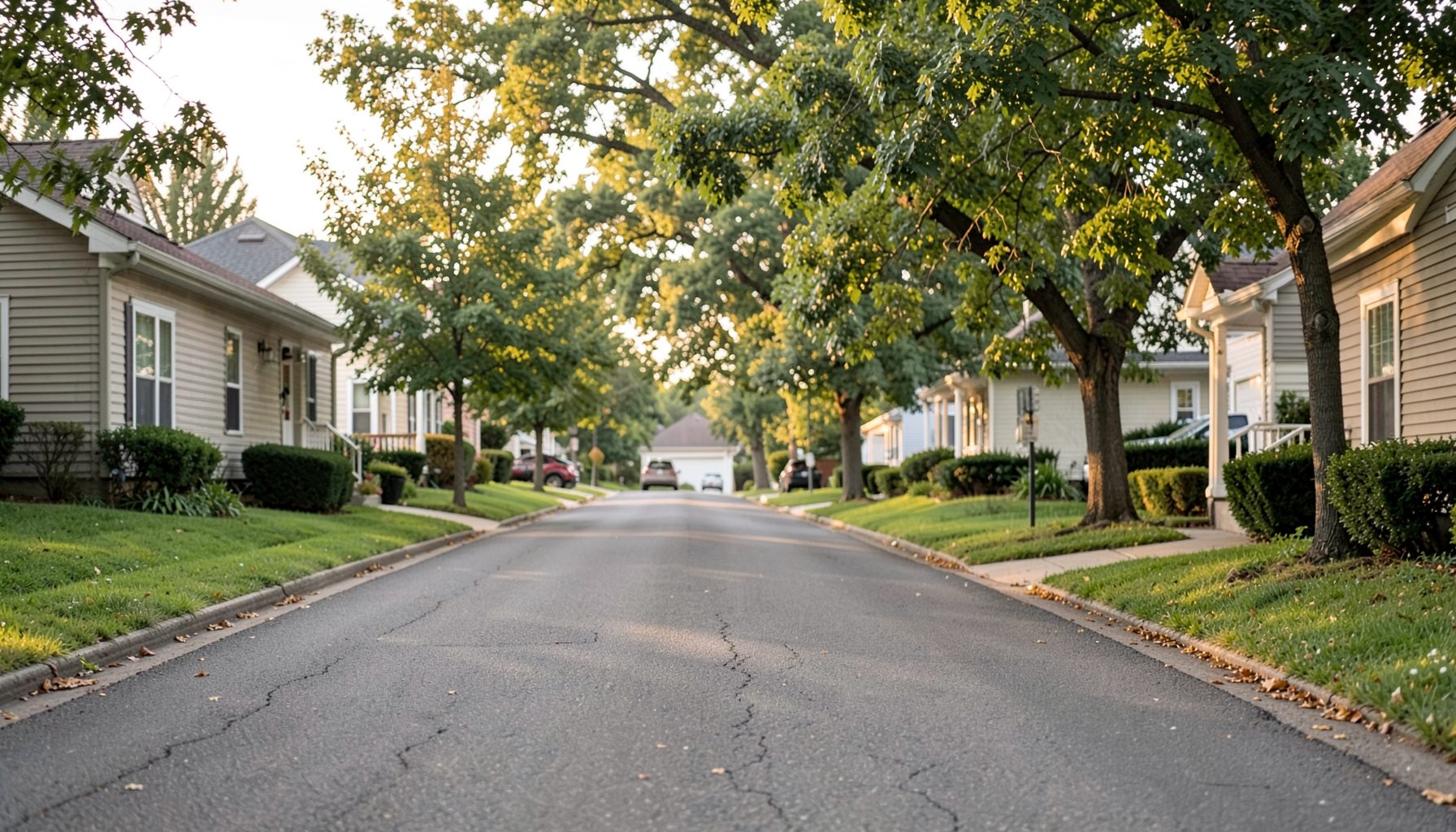 A quiet suburban street in soft morning light, with modest homes and leafy trees, evoking a sense of place and personal story.