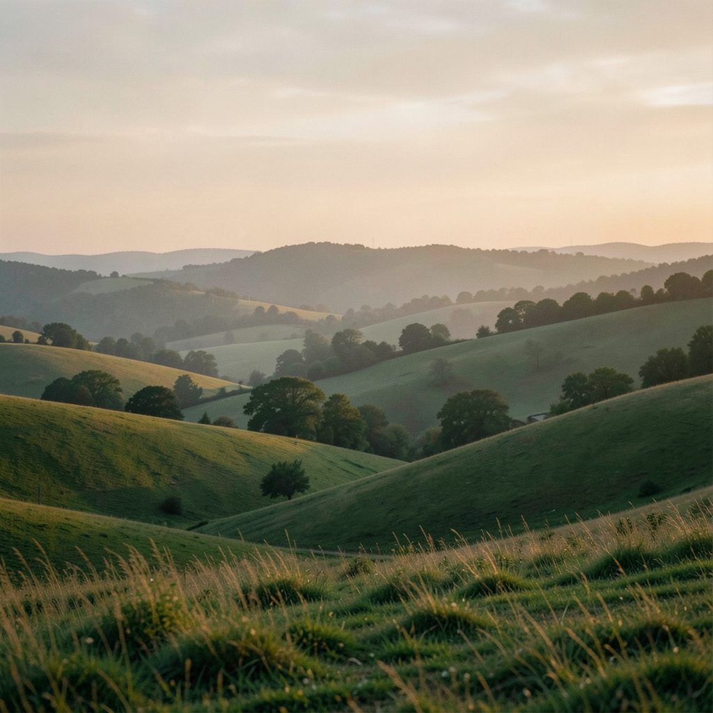 A soft atmospheric image of rolling Virginia hills at dusk in muted greens and warm amber tones, evoking a sense of place and quiet beauty