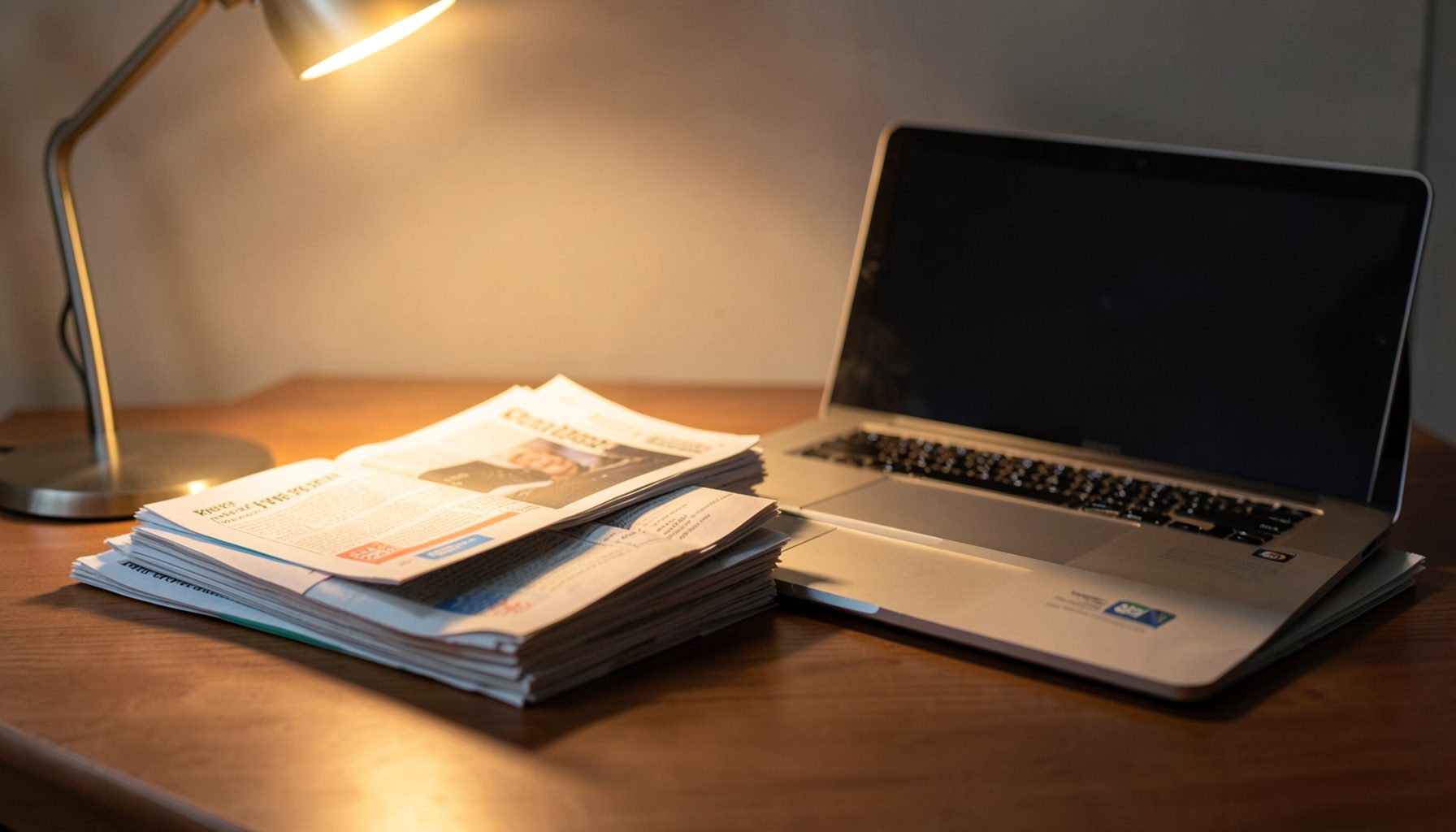 A stack of newspapers and market research reports on a desk, with a laptop open beside them, lit by a warm desk lamp.