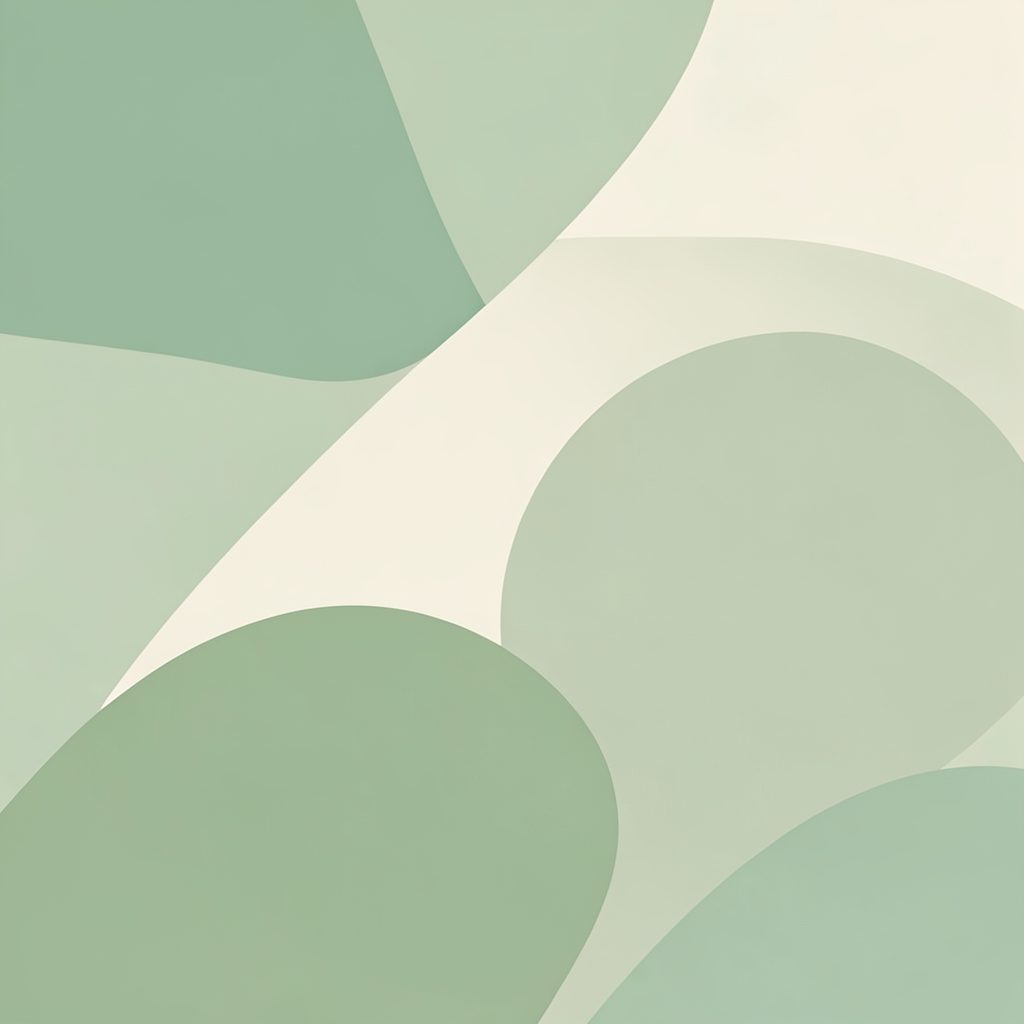 A warm abstract illustration in soft greens and creams suggesting community connection, with overlapping organic shapes.