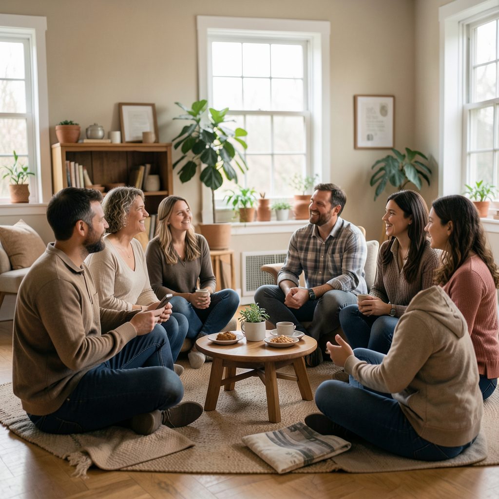 A warm, softly lit gathering of people seated in a circle in a community space, engaged in conversation, with muted earthy tones and a welcoming atmosphere.