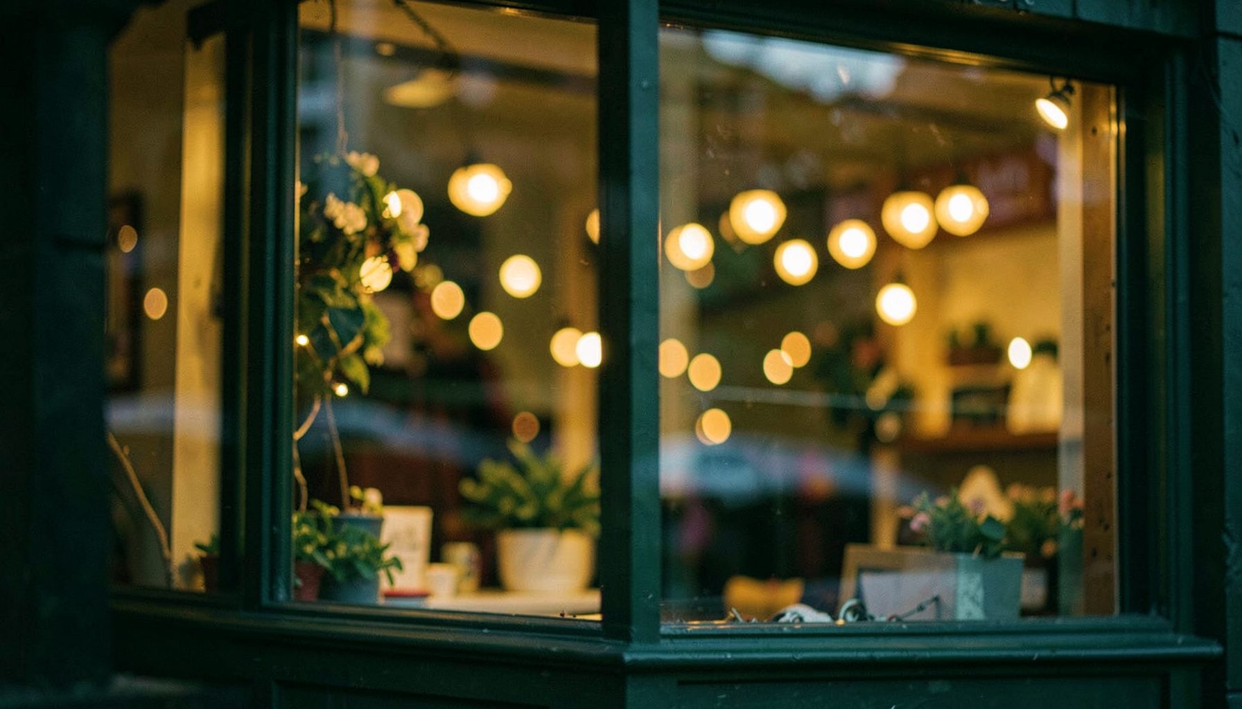 A warmly lit storefront window at dusk with soft bokeh lights in the background, deep greens and warm amber tones, inviting and community-focused.