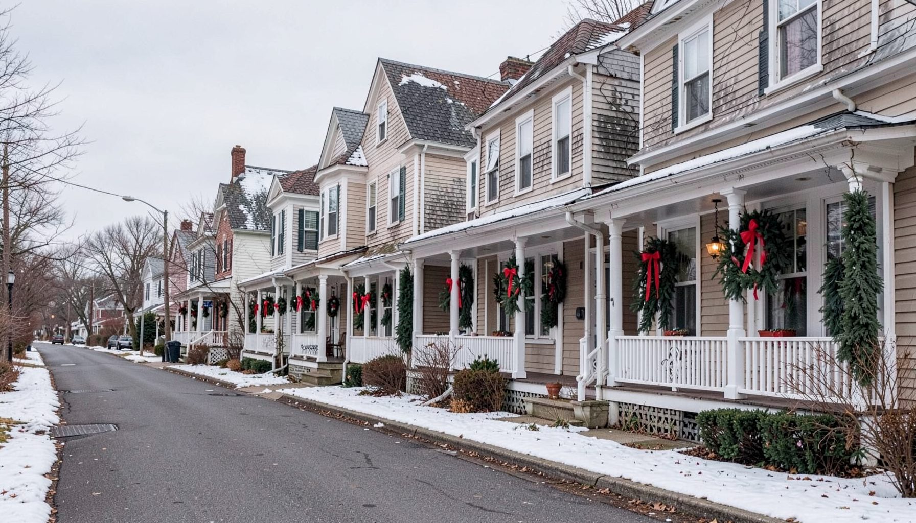 Coastal Victorian homes along a quiet street in Cape Charles, decorated with evergreen wreaths and red bows under a soft winter sky.