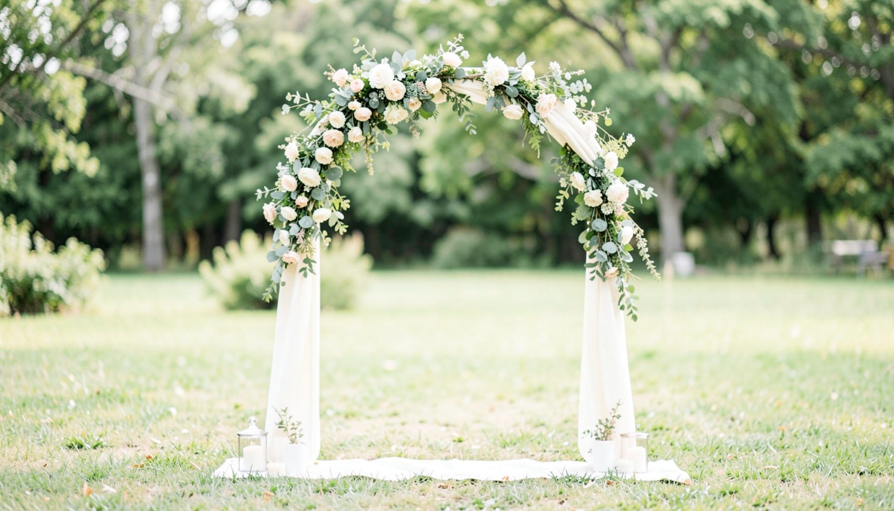 Soft green and cream toned outdoor scene with a simple decorated arch, suggesting a calm celebratory wedding setting