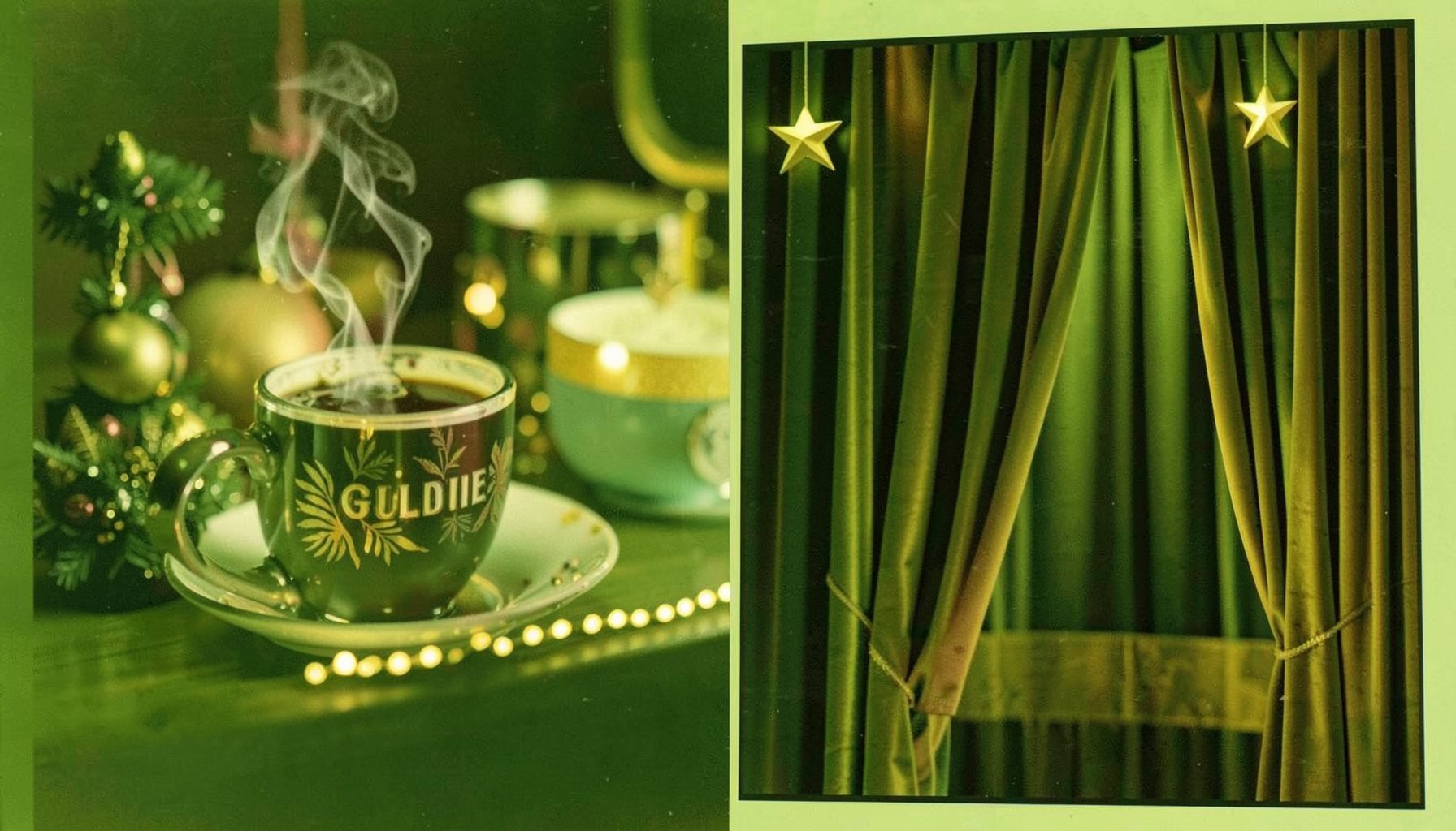 Warm green and gold toned collage feeling of a movie theater marquee, a steaming mug of holiday drink, and a stage curtain
